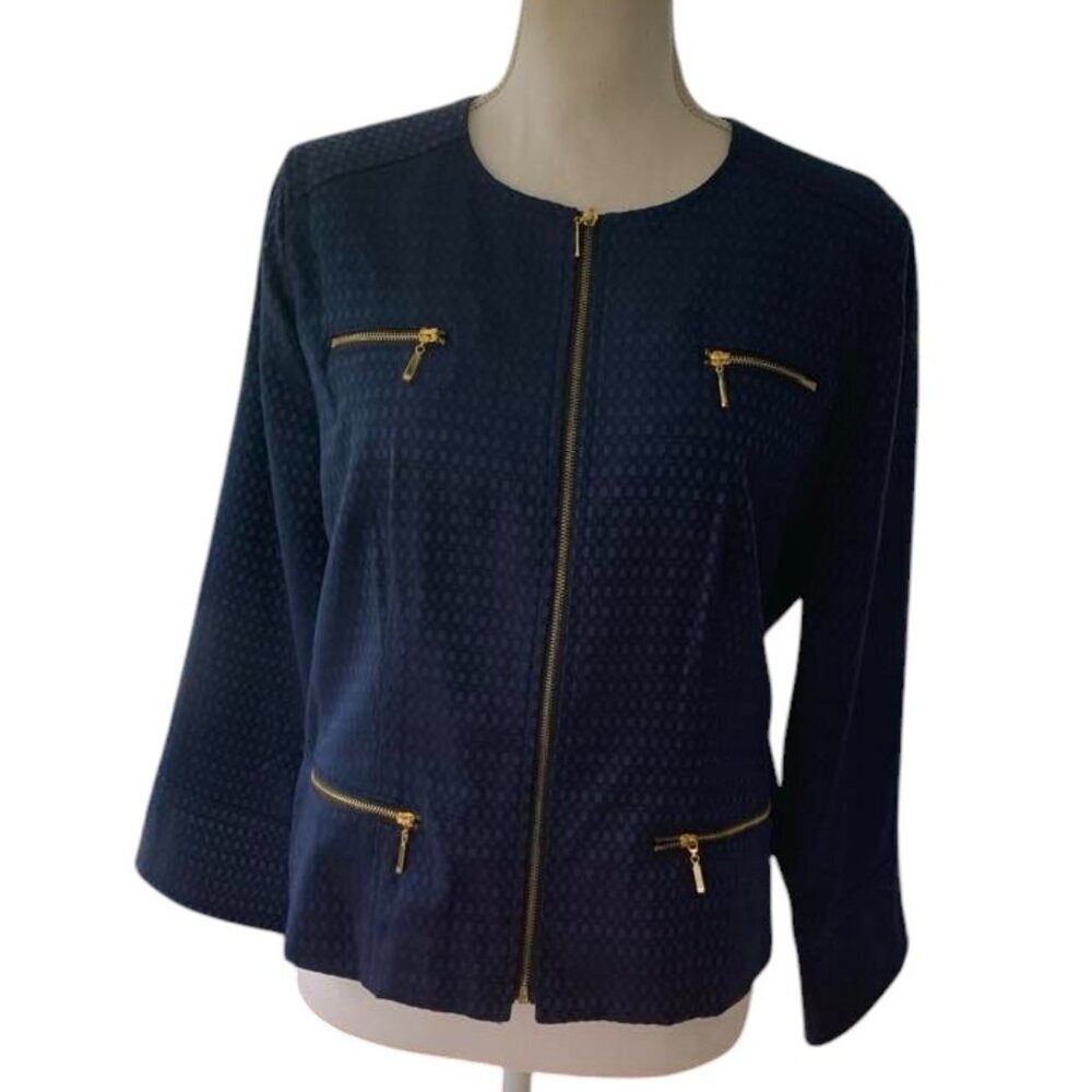 Vintage LAURA ASHLEY Women's Size PL Blue Zip-Up Pocket Blazer 3/4 Sleeve